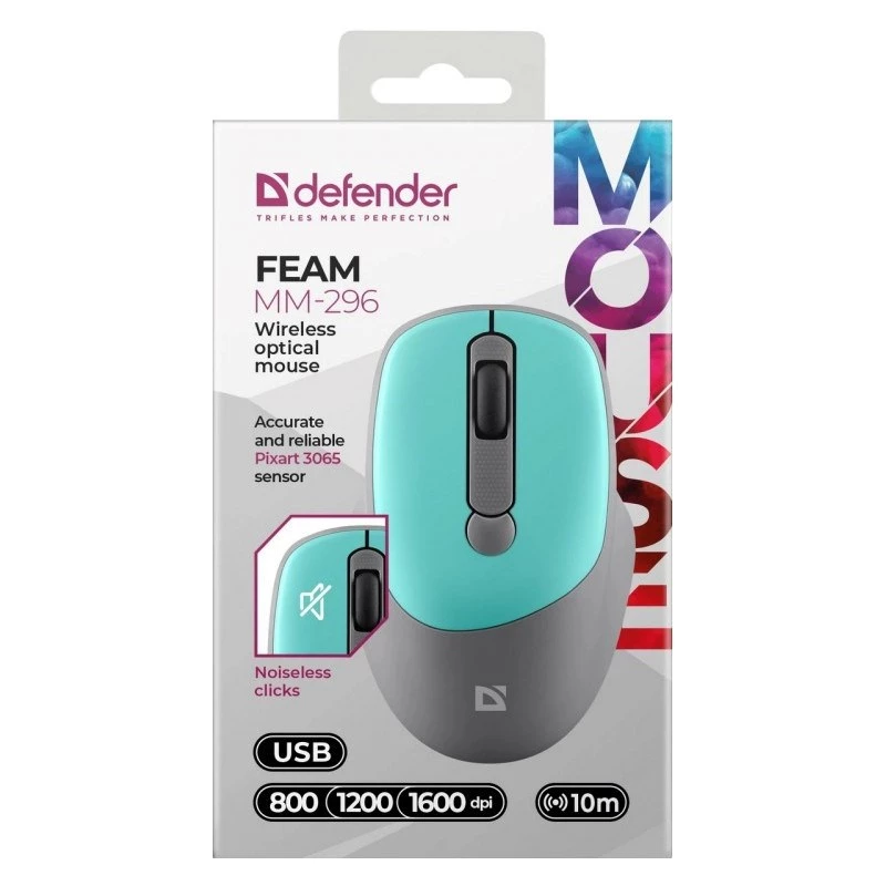 Defender Feam MM-296 52294 belaidė optinė pelė, tylus spragtelėjimas, 1600 DPI, USB, mėtinės spalvos