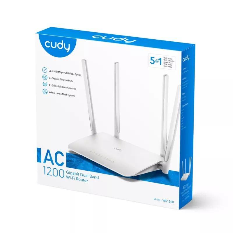 Cudy WR1300 belaidis maršrutizatorius Gigabit Ethernet dviejų juostų (2,4 GHz / 5 GHz) Baltas
