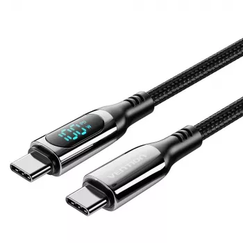 Vention USB 2.0 C vyriškas į C vyrišką 5A laidas su LED ekranu, medvilninis pynimas, 1,2 m, juodas, cinko lydinio tipas