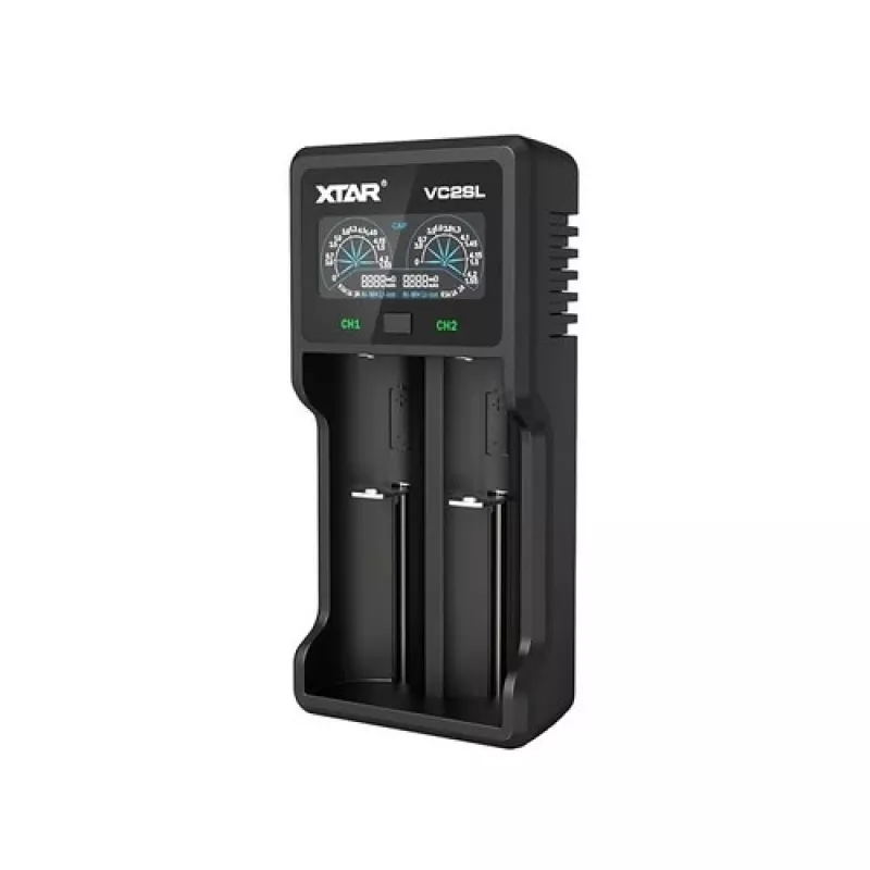 Įkroviklis akumuliatoriams XTAR VC2SL – USB 5V 1A, LCD, krauna 2 elementus, suderinamas Li‑Ion/NiMH/NiCd, dydžiai A/AA/AAA/AAAA/C/D/SC, juodas