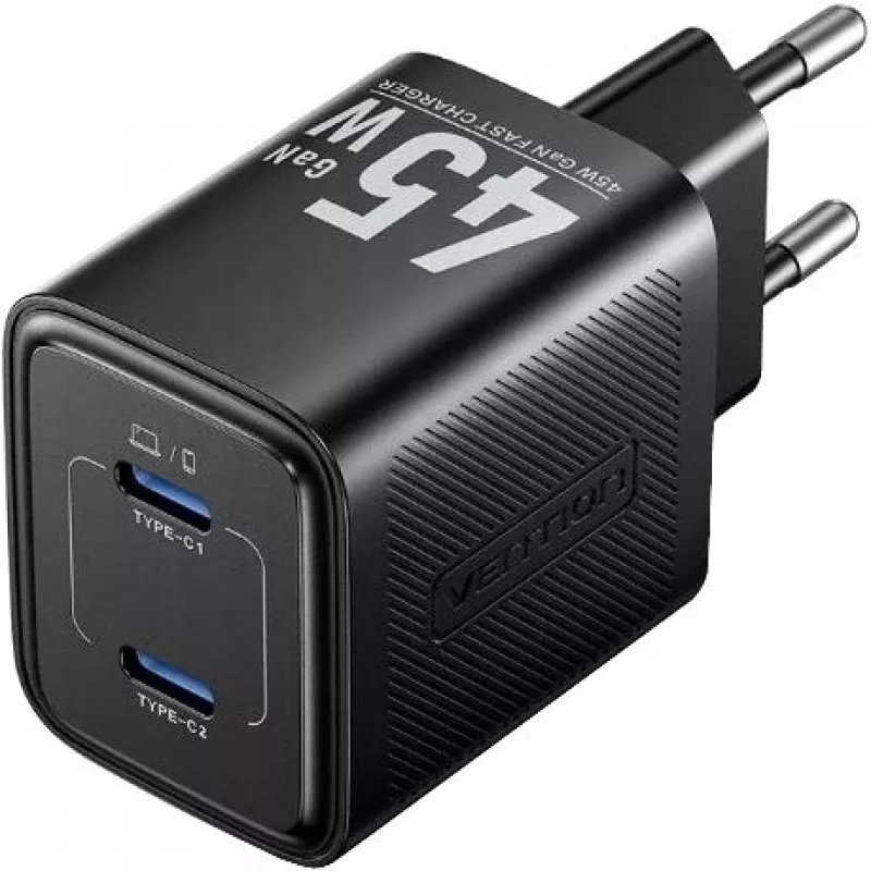Vention FEFB0-EU 45W AC greitasis įkroviklis 2× USB-C – išmaniesiems telefonams, nešiojamiesiems kompiuteriams, planšetėms, išmaniesiems laikrodžiams, ausinėms (juodas)