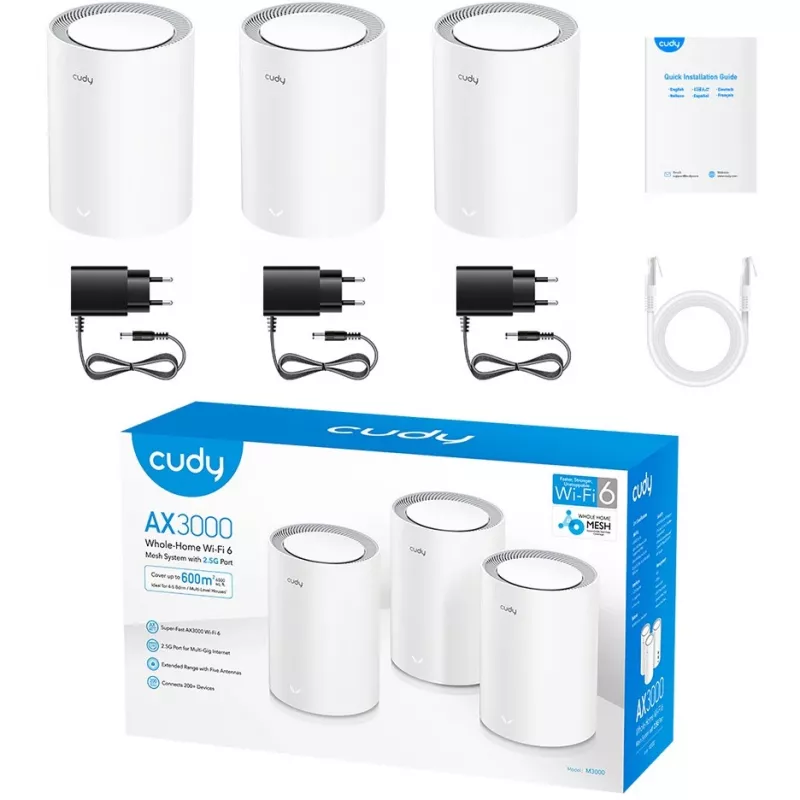 Cudy M3000 3 vnt. rinkinys „mesh“ Wi-Fi sistema, dviejų juostų (2,4 GHz / 5 GHz), Wi-Fi 6 (802.11ax), pilka, balta, 1 vidinė antena