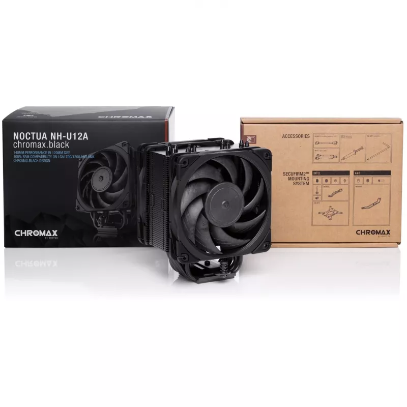 Oro aušintuvas Noctua NH-U12A CHROMAX.BLACK – 120 mm dvigubas ventiliatorius, 158 mm aukštis, suderinamas su LGA 1200, 2000 RPM maks.