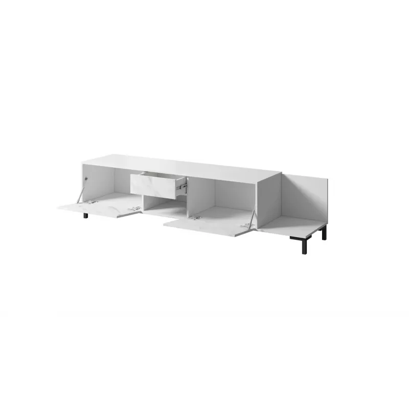 Spintelė TV Cama Meble MARMO 2D1S1K, 195x40x47,5 cm, balta matinė/marmuras baltas viršus