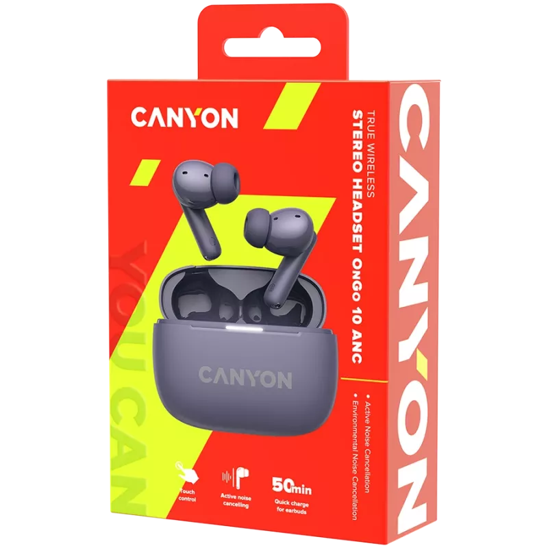 Canyon CNS-TWS10PL Ausinės ir Mikrofonas Tikras Belaidis Stereo (TWS) Į ausis Skambučiai/Muzika/Sportas/Kasdienis naudojimas USB Type-C Bluetooth Violetinė (CNS-TWS10PL)