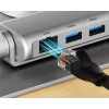 Nešiojamojo kompiuterio stovas Unitek D1109B01 – aliumininis reguliuojamas stovas su atjungiamu USB‑C moduliu, HDMI 4K, PD 100W, 2x USB‑A, RJ‑45, tinka iki 17 colių