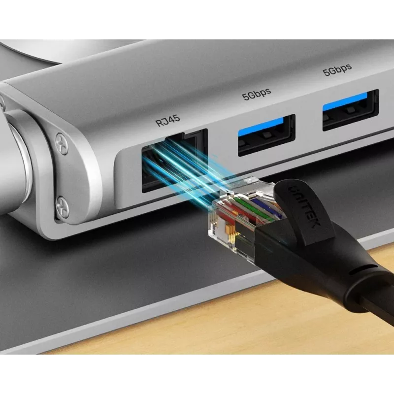 Nešiojamojo kompiuterio stovas Unitek D1109B01 – aliumininis reguliuojamas stovas su atjungiamu USB‑C moduliu, HDMI 4K, PD 100W, 2x USB‑A, RJ‑45, tinka iki 17 colių