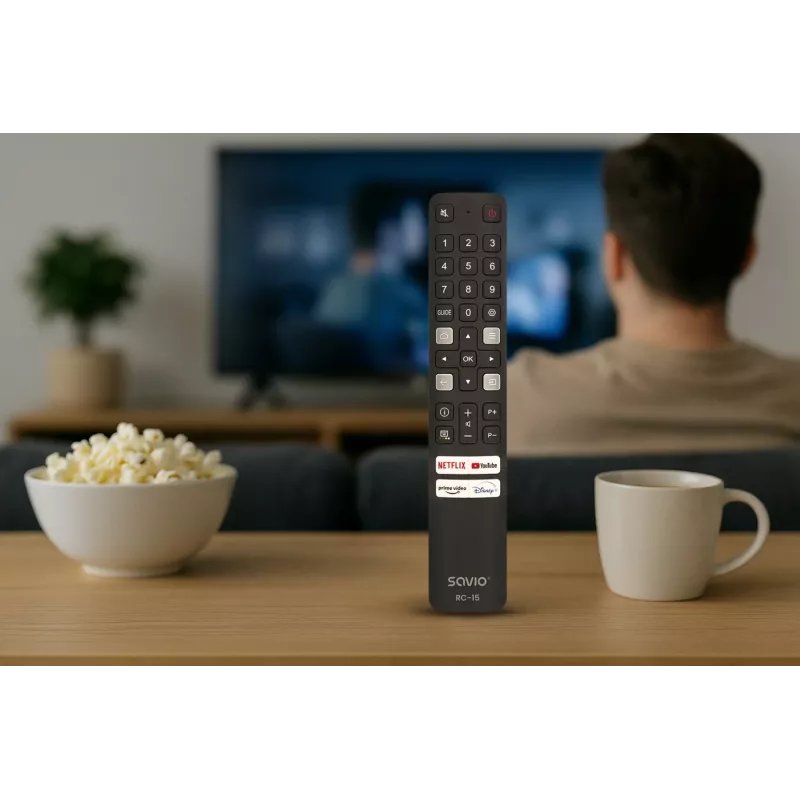 SAVIO universalus TV nuotolinio valdymo pultas RC-15, skirtas TCL SMART TV, IR belaidis, juodas, veikimo atstumas 10 m