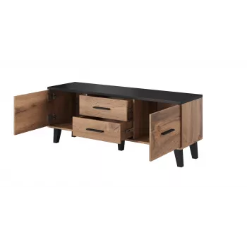 TV stovas Cama Meble LOTTA 140 cm – wotan ąžuolo rėmas, juoda medžio drožlių plokštės viršus, 1400×400×530 mm