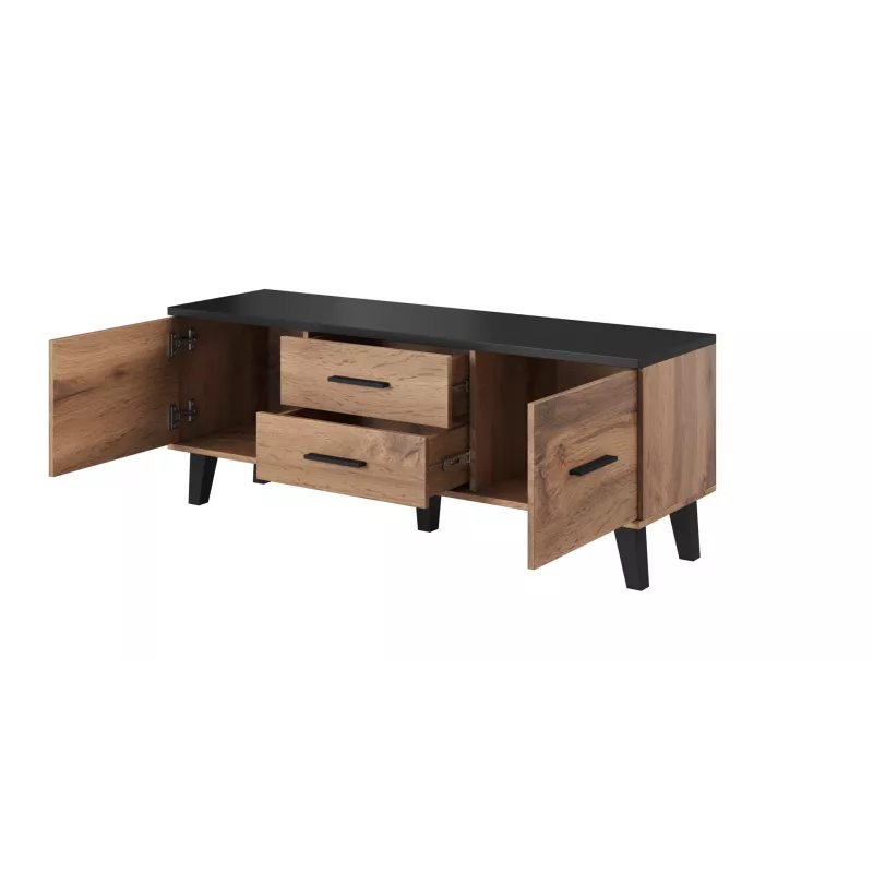 TV stovas Cama Meble LOTTA 140 cm – wotan ąžuolo rėmas, juoda medžio drožlių plokštės viršus, 1400×400×530 mm