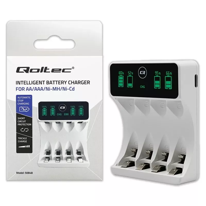 Įkroviklis baterijoms QOLTEC 50848 NiMH AAA (R03) ir AA (R6) elementams su LCD ekranu