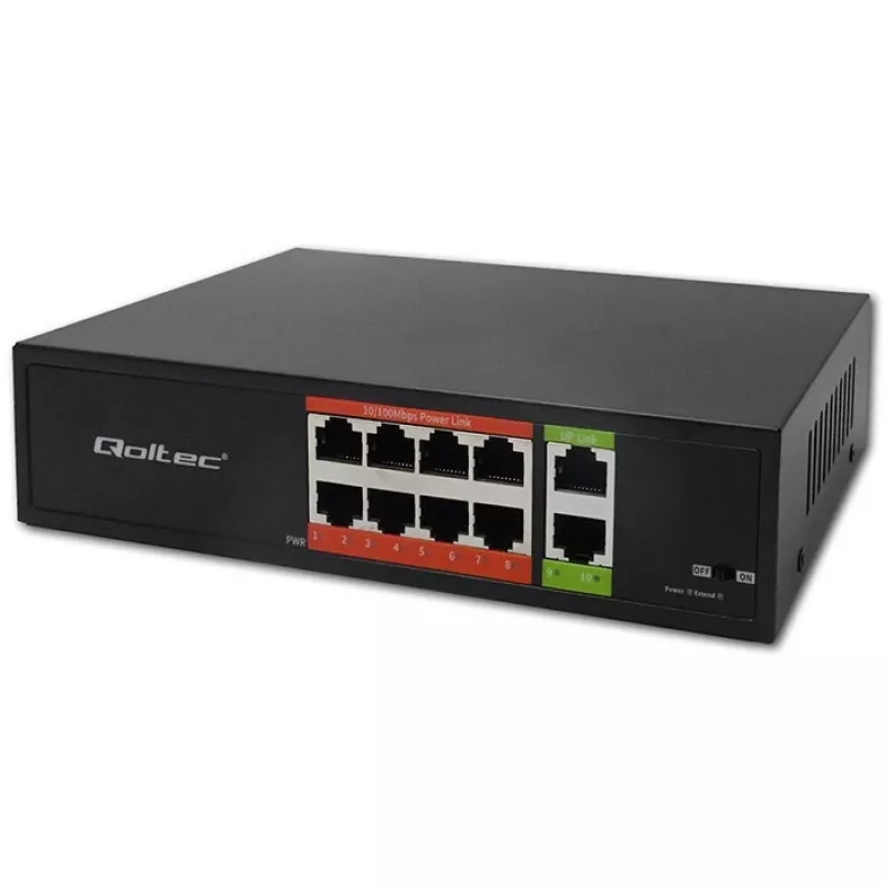 Tinklo jungiklis QOLTEC FAST Ethernet PoE 8xRJ45 su 2xRJ45 uplink (52290)