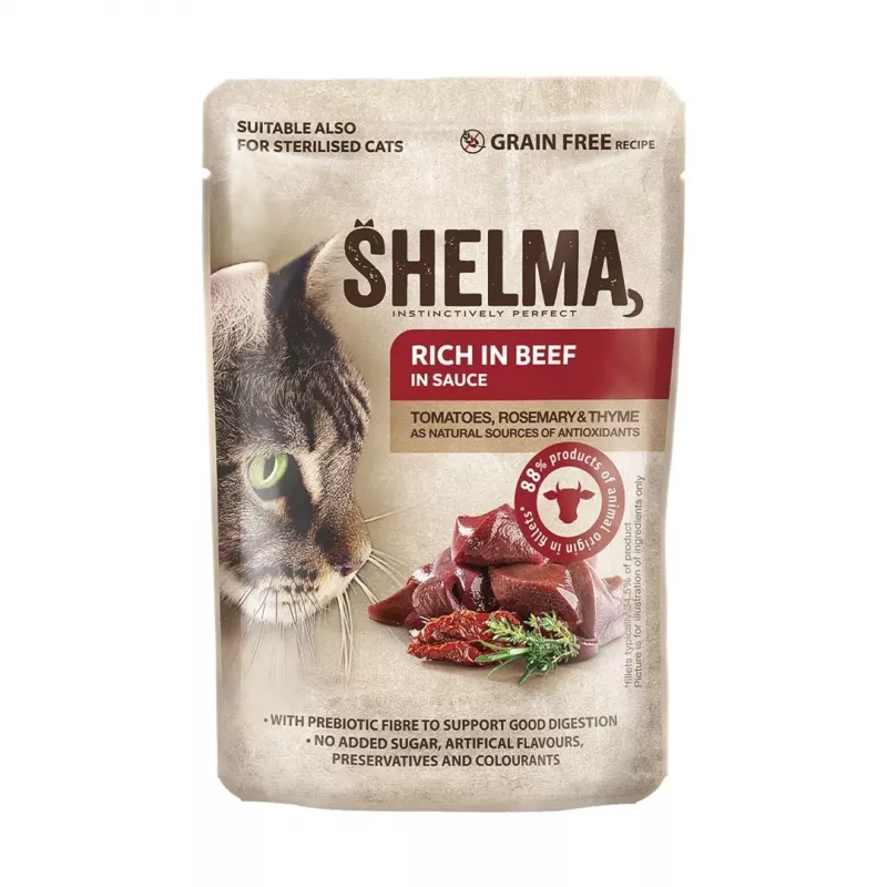 Šlapias kačių ėdalas suaugusioms katėms SHELMA multipack 4×85 g – vištiena, kalakutiena, jautiena, antis, be grūdų