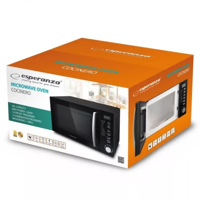 Kombinuota mikrobangų krosnelė ESPERANZA COCINERO 1200 W, 20 L, grilis 900 W, LED ekranas, ant stalviršio, juoda