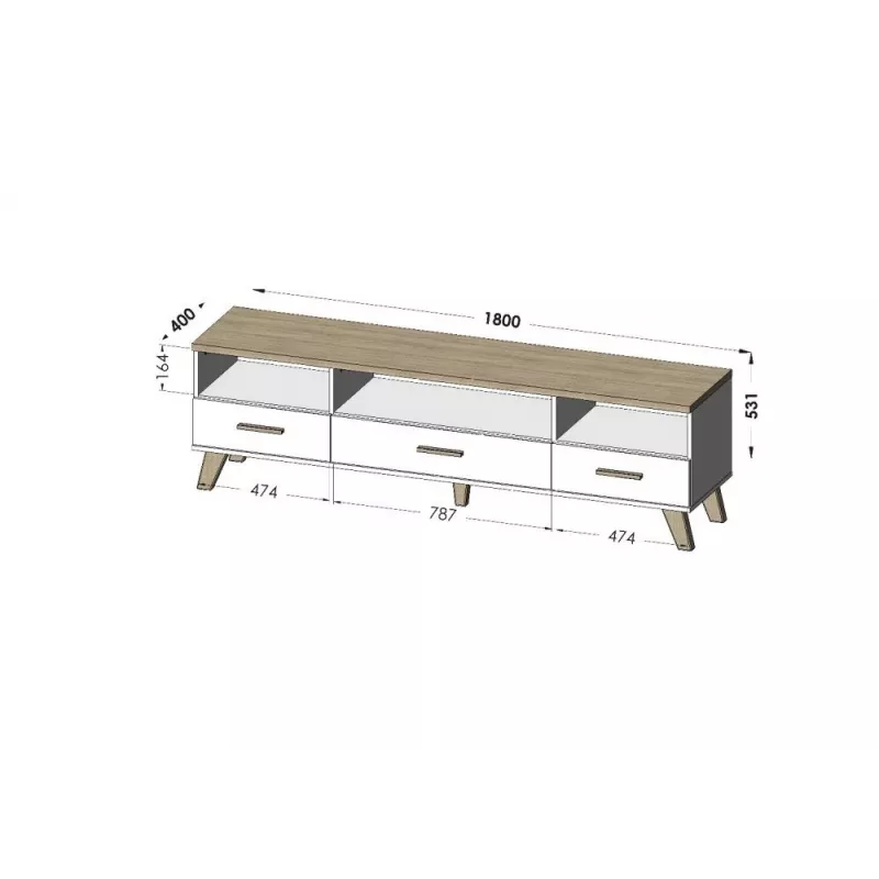 TV stovas Cama Meble LOTTA 180 cm – ąžuolo Wotan rėmas, matinis juodas medžio drožlių plokštės viršus, 1800×400×530 mm