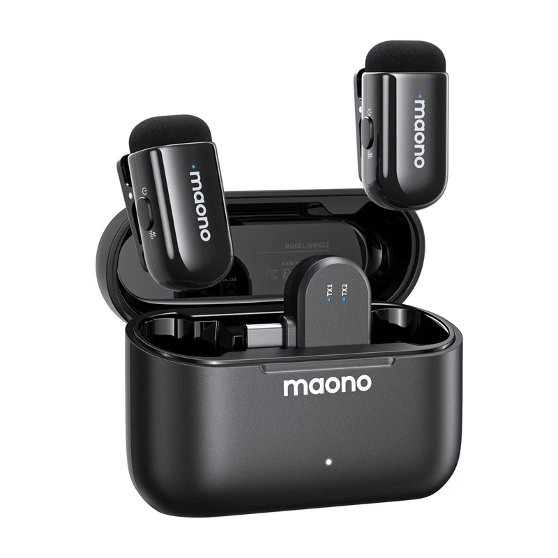 Belaidis mikrofonų rinkinys MAONO WM622 PC2, 2 siųstuvai, USB-C imtuvas, įkrovimo dėklas, 48 kHz/16 bitų, 360° omnikryptis, iki 100 m veikimo atstumas