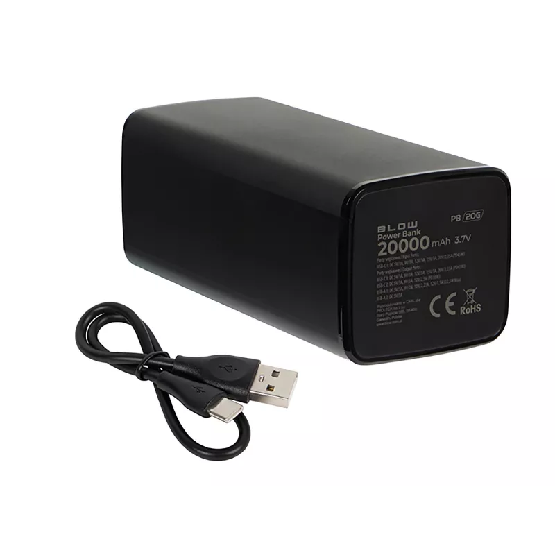 Nešiojamas maitinimo blokas BLOW PB20G 20000mAh PD 65W, USB-C įvestis/išvestis, 2x USB-A išvestys, juodas