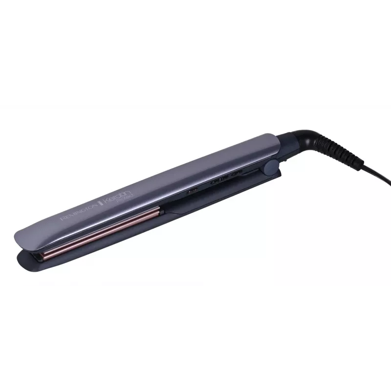 Tiesintuvas Remington S8598 Warm Black Grey – keraminės plokštelės 11 cm, 5 šildymo lygiai, 160–230 °C, 3 m laidas, laikymo dėklas