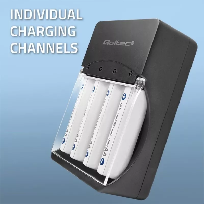 Baterijų įkroviklis QOLTEC 50653 Ni‑MH AAA (R03) ir AA (R6) akumuliatoriams, 220–240 V įėjimas, 1,2 V išėjimas