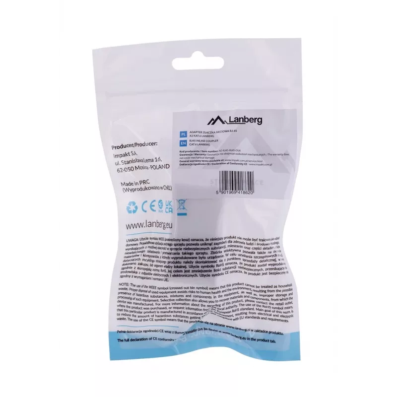 Tinklo jungtis LANBERG AD-RJ45-RJ45-OU6 — balta RJ-45 1 įėjimas į 1 išėjimą