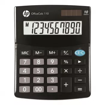 Stalinis skaičiuotuvas HP OC 110 – 10 skaitmenų LCD, baterija/saulės elementas, CR2032, 24 klavišai, juodas, 101×33×125 mm