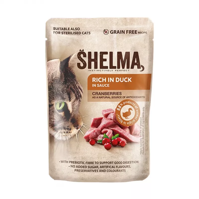 Šlapias kačių ėdalas suaugusioms katėms SHELMA multipack 4×85 g – vištiena, kalakutiena, jautiena, antis, be grūdų