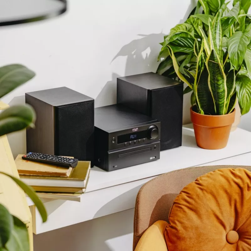 Mini Hi-Fi stereo sistema Adler AD 1917 – Bluetooth 5.3, CD/USB/MP3, 2×25 W RMS, FM imtuvas, 4 juostų ekvalaizeris, AUX, juoda