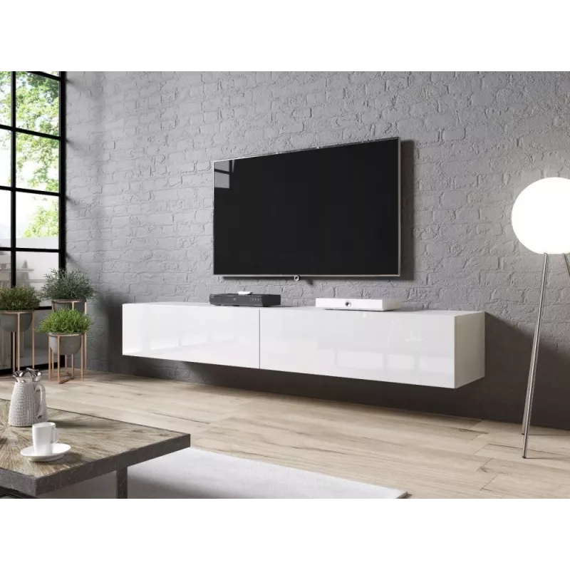 TV stovas Cama Meble SLIDE 200 — 2000×400×300 mm, baltas blizgus MDF stalviršis, baltas rėmas