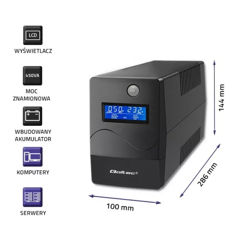 Qoltec Monolith nepertraukiamo maitinimo šaltinis (UPS) Dvigubo keitimo (Online) 0.45 kVA 240 W 2 AC lizdai