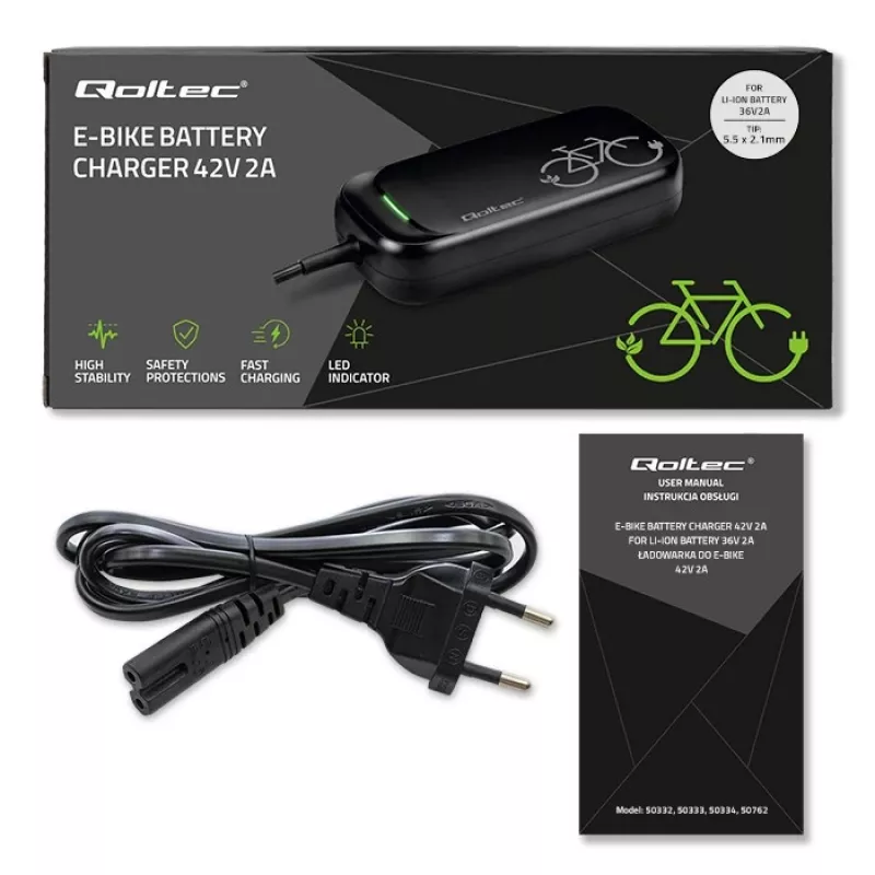 E-dviračio įkroviklis QOLTEC 50332 — 36V/42V, 2A, 5,5×2,1 mm