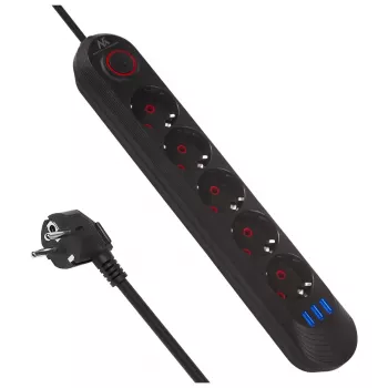 Maitinimo blokas MACLEAN MCE395 B – 5 lizdai, 3×USB, 110–240V AC, 2.1A USB, 2500W, 1,5 m laidas, juodas