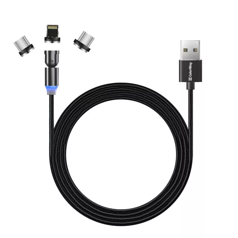 3 viename įkrovimo laidas ColorWay CW-CBUU037-BK — Lightning, Micro-USB, USB-C, 1 m, 2,4 A