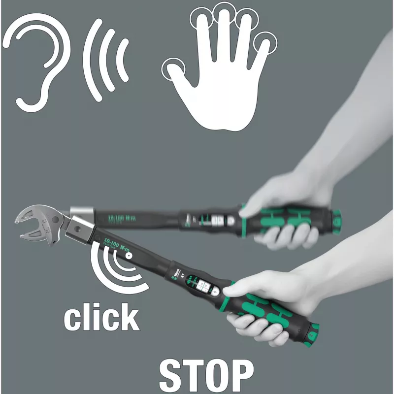 Dinamometrinis raktas Wera Click-Torque X 7 su juodai žalia rankena, kvadratinis įdėklas 14x18 mm
