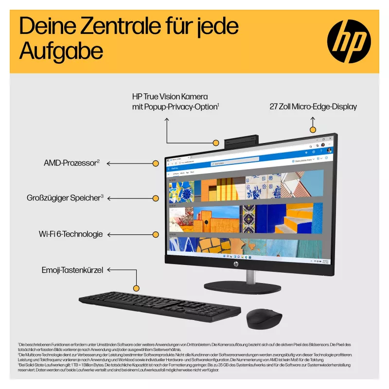 HP 27-cr0471ng All-in-One - Ryzen 7 7730U - RAM 16 GB - SSD 512 GB - NVMe - Radeon Graphics - 1GbE, Wi-Fi 6, Bluetooth