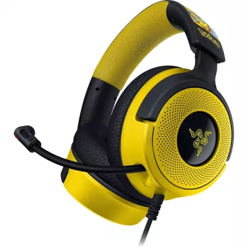 Ausinės žaidimams Razer Kraken V4 X Pokemon — laidinės USB-C/USB-A, supraauralinės, 20–20000 Hz, 1.8 m laidas, 310 g, juodos/geltonos