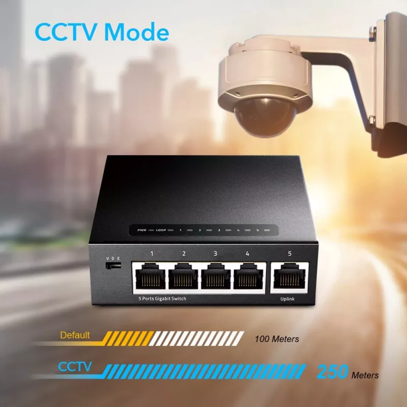 Tinklo jungiklis Cudy GS105 — 5 prievadų Gigabit Ethernet (10/100/1000), juodas, maitinimas 5 V DC