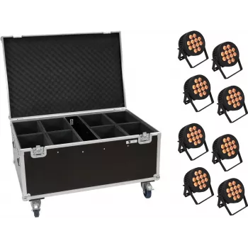 LED PAR šviestuvų rinkinys EUROLITE 20000881 — 8 vnt., 12x8W QCL, su ratuotu transportiniu dėklu