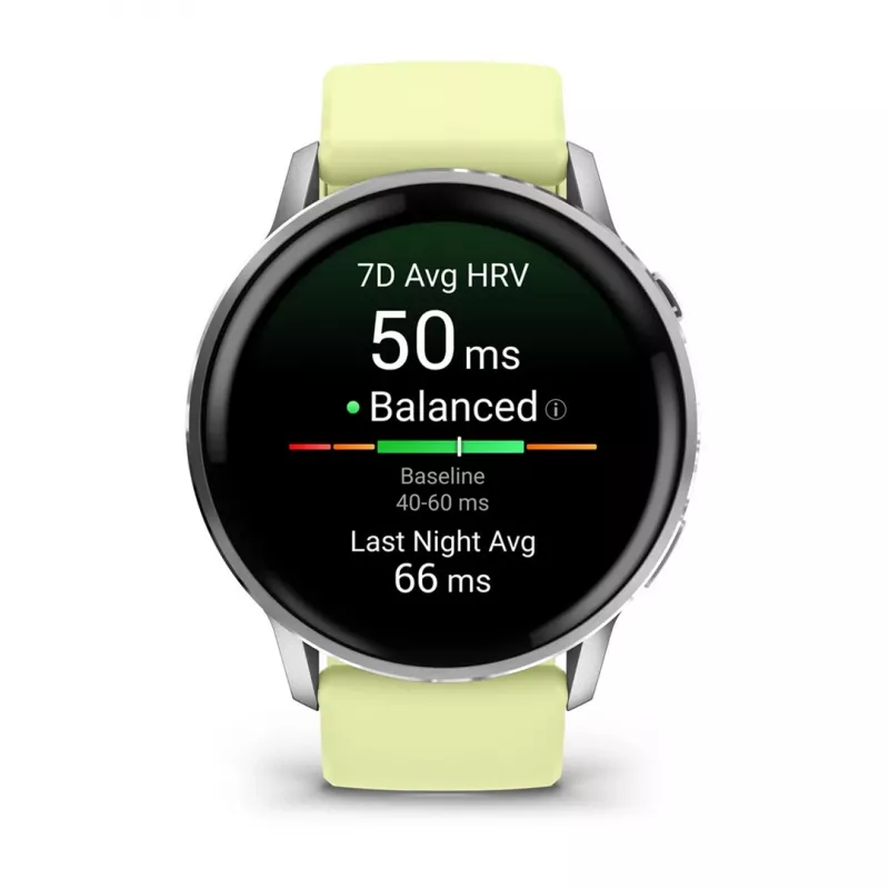 Garmin Venu 4 45 mm 010-03014-02 išmanusis laikrodis, sidabrinės spalvos su citrininiu silikono dirželiu