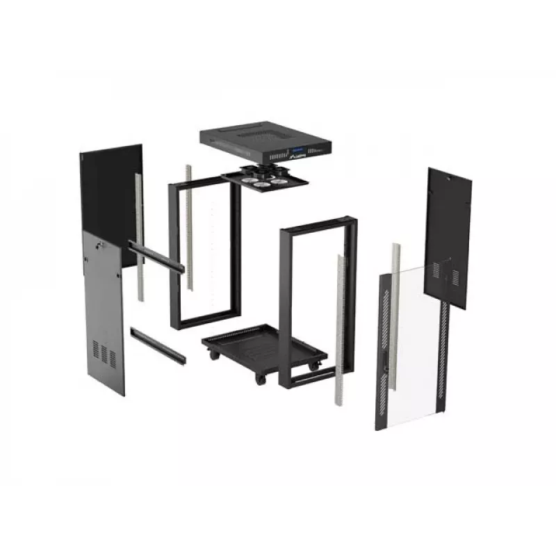 Tinklo spintos stovas LANBERG 19 colių 24U 600x800 mm juodas su stiklinėmis durimis ir LCD išpjova (Flat Pack) v2