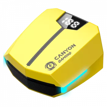 Canyon GTWS-2 Belaidės ausinės su ausų kabliukais, žaidimų, USB-C, Bluetooth, įkrovimo stotelė, geltona (CND-GTWS2Y)