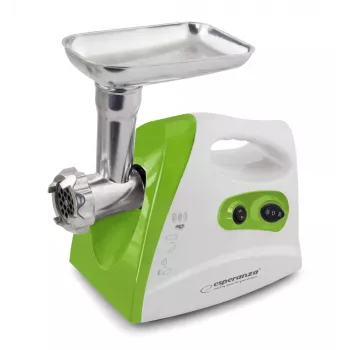 Mėsmalė ESPERANZA EKM012G — 600 W, nerūdijančio plieno peilis, dešrų antgalis, kebabo antgalis, reversas, neslystančios kojelės, balta/žalia