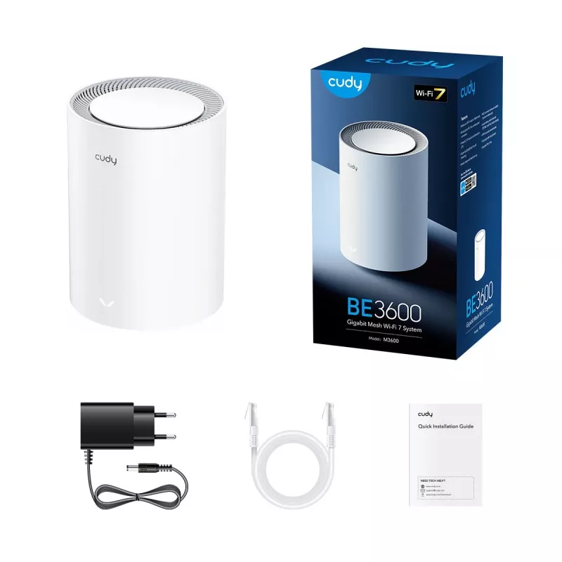 „Mesh“ sistema Cudy M3600 dviejų juostų „Wi‑Fi 7“ (802.11be), 2882 Mbps, 3× LAN, 4 vidinės antenos, balta