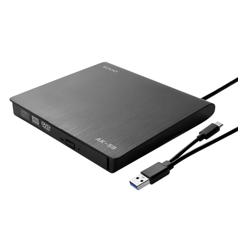 SAVIO AK-59 Išorinis plonas CD/DVD įrašymo įrenginys R/RW - USB-C/USB-A, juodas