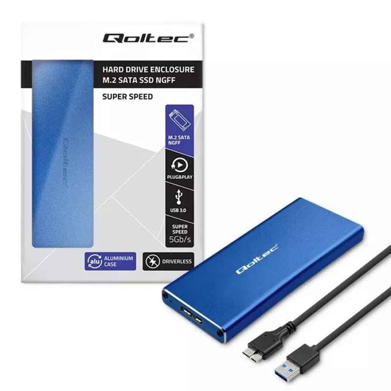 Qoltec 51832 išorinis M.2 SATA SSD disko dėklas, USB 3.0, iki 2 TB, mėlynas