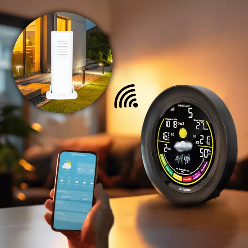 Oro stotis BLAUPUNKT WS35BK APP – LCD ekranas, temperatūra ir drėgmė, signalizacija, kalendorius, programėlės valdymas, 94×94×27 mm