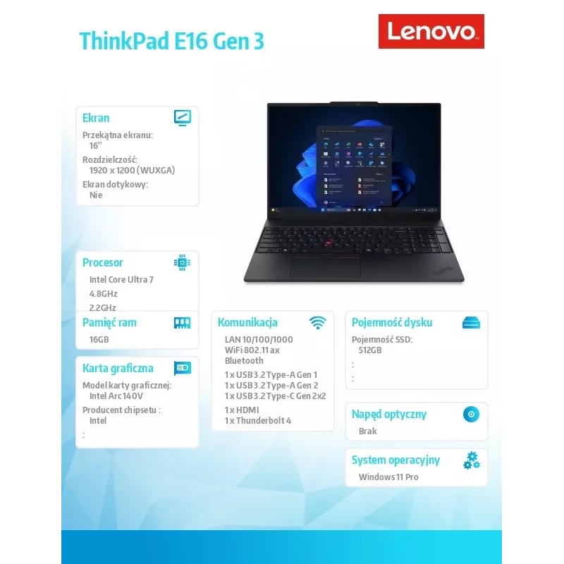Nešiojamas kompiuteris Lenovo ThinkPad E16 G3 22AY001SPB — Intel Ultra 7, 16,0 colio WUXGA, 16 GB RAM, 512 GB SSD, Windows 11 Pro, juoda, 1 metų garantija