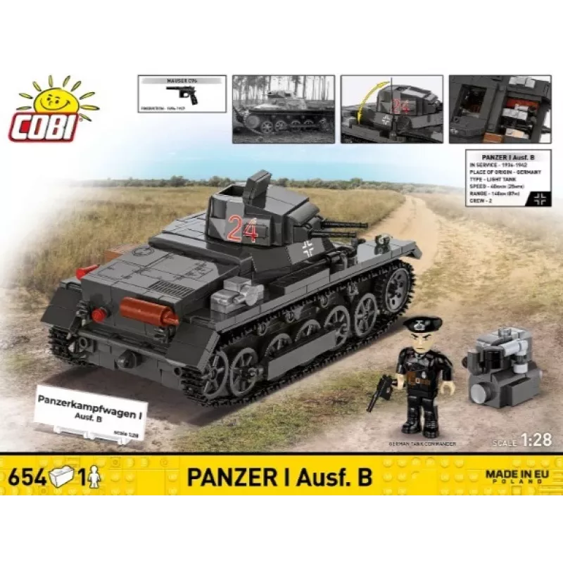 Konstrukcinis rinkinys Cobi Panzer I Ausf. B – 654 detalės, detalaus tanko modelio rinkinys