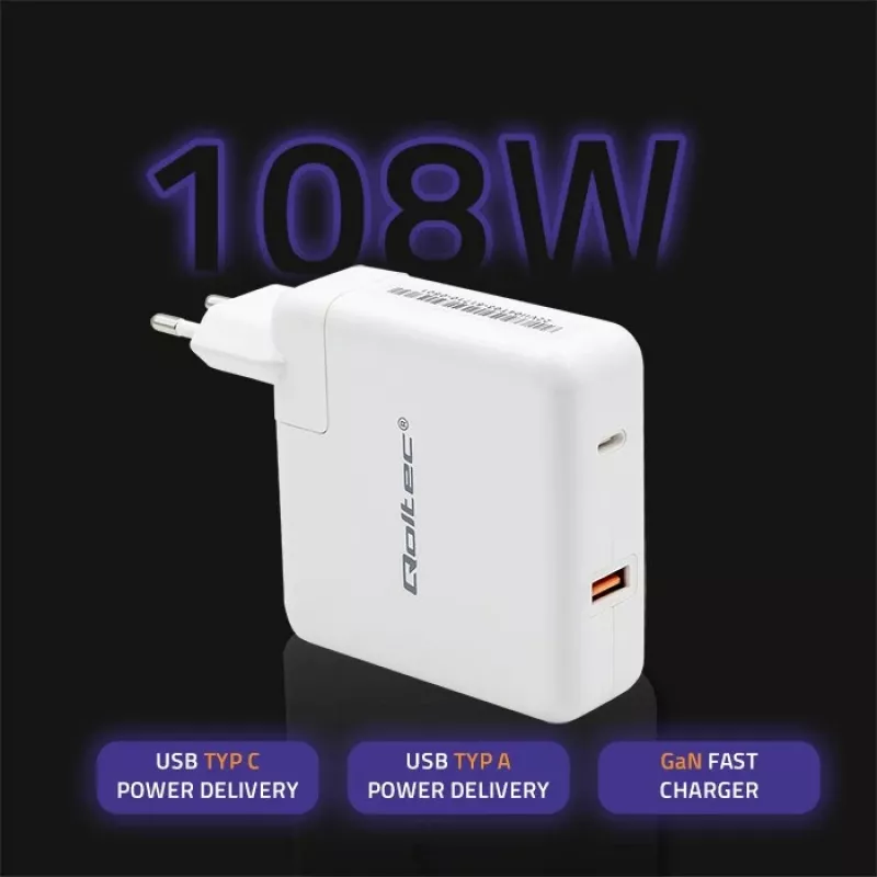Qoltec GaN Charger FAST 108W | 5-20V | 3-4.7A | USB C | Baltas