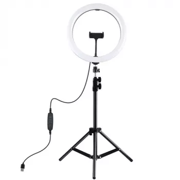 PULUZ LED žiedinis šviestuvas 30cm su trikoju stovu iki 1,1m ir telefono laikikliu, USB