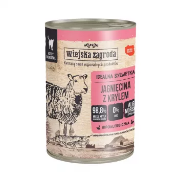 Šlapias kačių ėdalas Wiejskazagroda Ėriena su Kriliu 400 g – suaugusioms katėms, be grūdų, skardinė